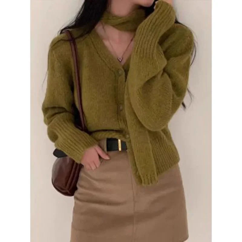 Hnewly xmas outfits Simple Christmas Sets Knitted Cardigan Women French Chic Solid Scarf Long Sleeve V Neck Female Sweater Coat Autumn Knitwear Tops