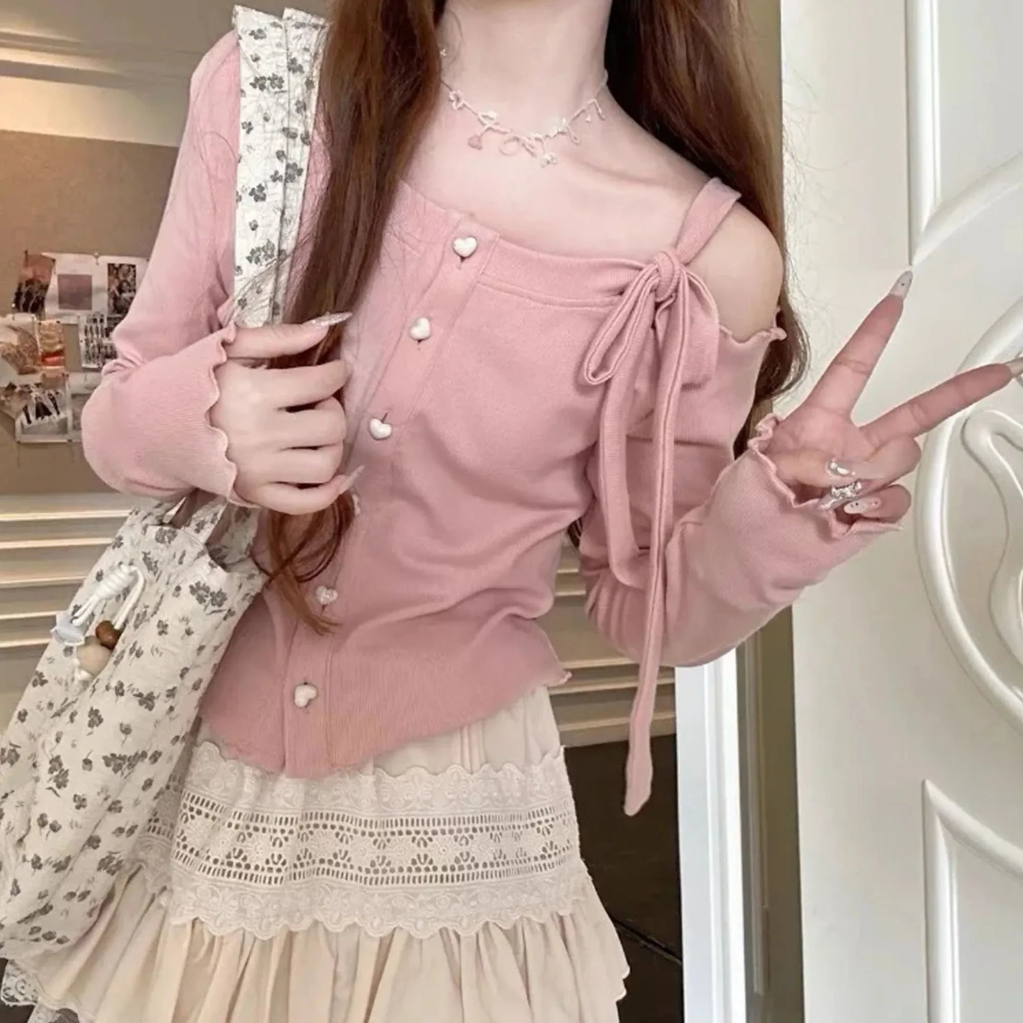 Hnewly Fashion Sweet Off Shoulder Cardigan Bow Lace Up Sweaters New Slim Fit Pink Tops Women Y2k Grunge Long Sleeve Cardigan Mujer