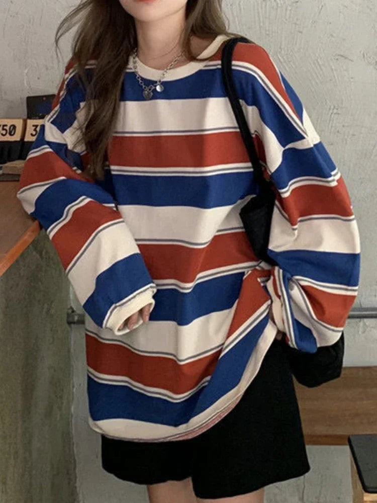 Hnewly going out outfits winter Women T shirts Woman clothing Striped Top Sweatshirt korean fashion Long Sleeves Tee Patchwork Loose Couple T-shirts