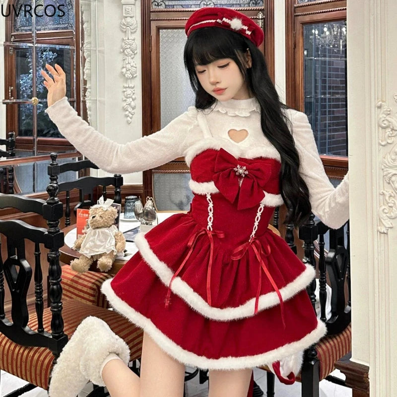 Hnewly NEW YEAR DRESS TO IMPRESS Japanese Kawaii Lolita Dress Sets Women Hooded Shawl Short Jackets Bow Mini Skirt Korean Style Sweet Red Christmas New Year Suit