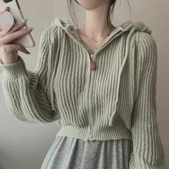 Hnewly Women Long Sleeve Sweater Korean Style Casual Outerwear Woman Fashion Chic Zip Up Cardigan Knit Top Female Hooded Jumper