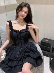 Hnewly Sexy Slip Lolita Style Black Dress Women Vintage Sleeveless Y2K Mini Dress Summer Slim Sweet Korean Lace Up Cake Dress New