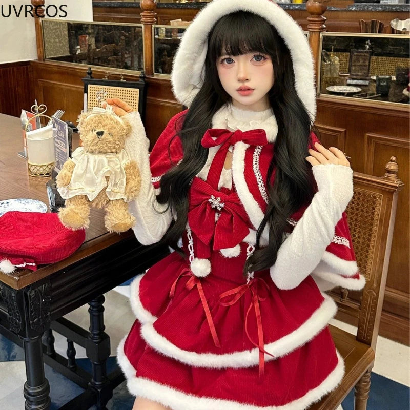 Hnewly NEW YEAR DRESS TO IMPRESS Japanese Kawaii Lolita Dress Sets Women Hooded Shawl Short Jackets Bow Mini Skirt Korean Style Sweet Red Christmas New Year Suit