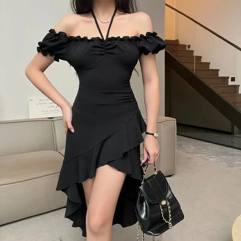 Hnewly Summer Black A-LINE Dress Women Streetwear Sexy Off Shoulder Short Sleeves Ruffled Mid Length Dresses Club Elegant Partywear