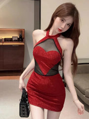 Hnewly Sexy 3D Heart Halter Red Night Party Dress Women Summer Sweet High Waist Backless Slim Fit Sleeveless Y2k Mini Dresses