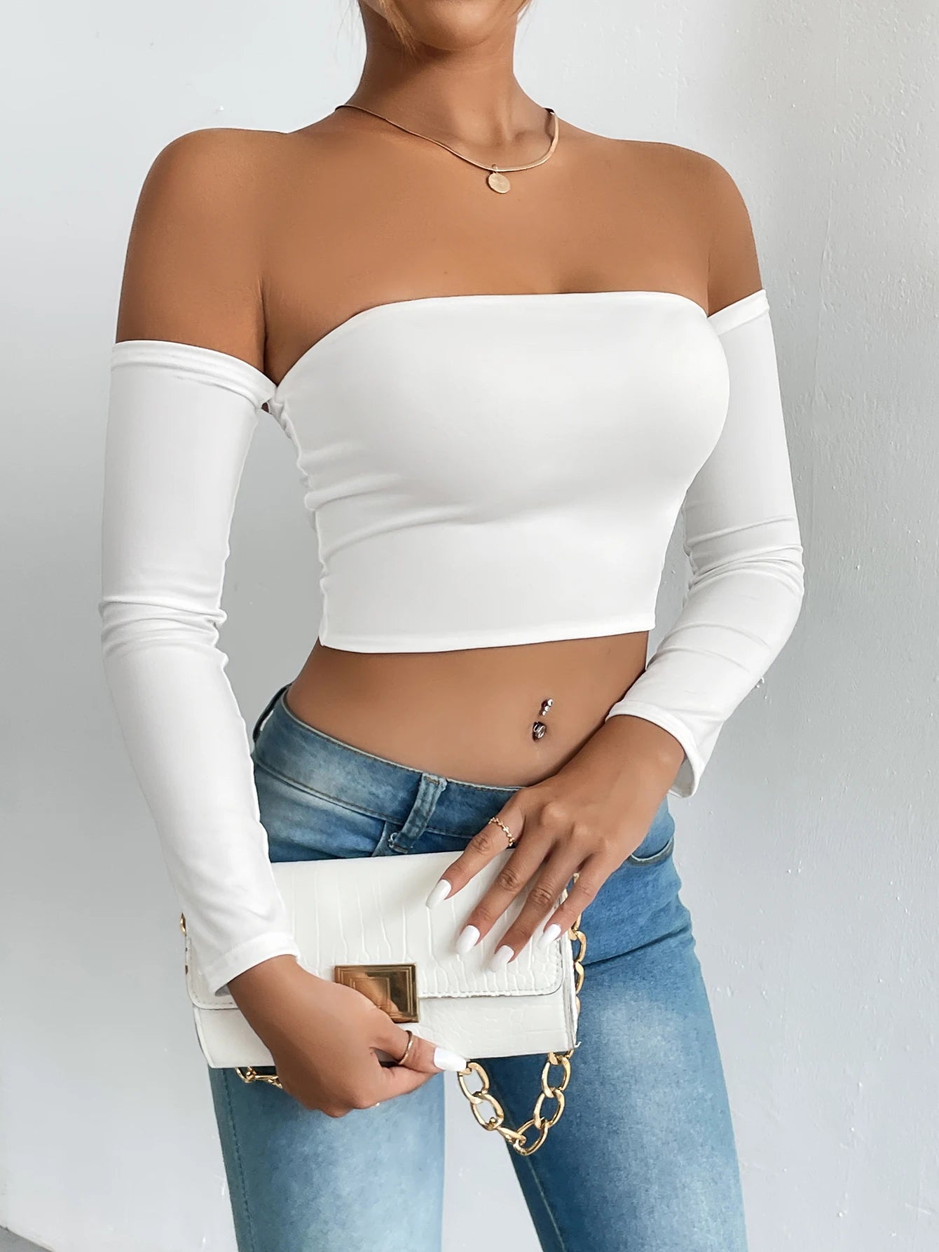 Hnewly Off Shoulder Crop T-Shirt, Casual Long Sleeve Top For Spring & Fall, Women's Clothing