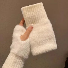 Hnewly Mink Fleece Soft Winter Half Finger Gloves Women Warm Luxury Solid White Plush Knitted Fingerless Gloves Wrist Mittens Writting