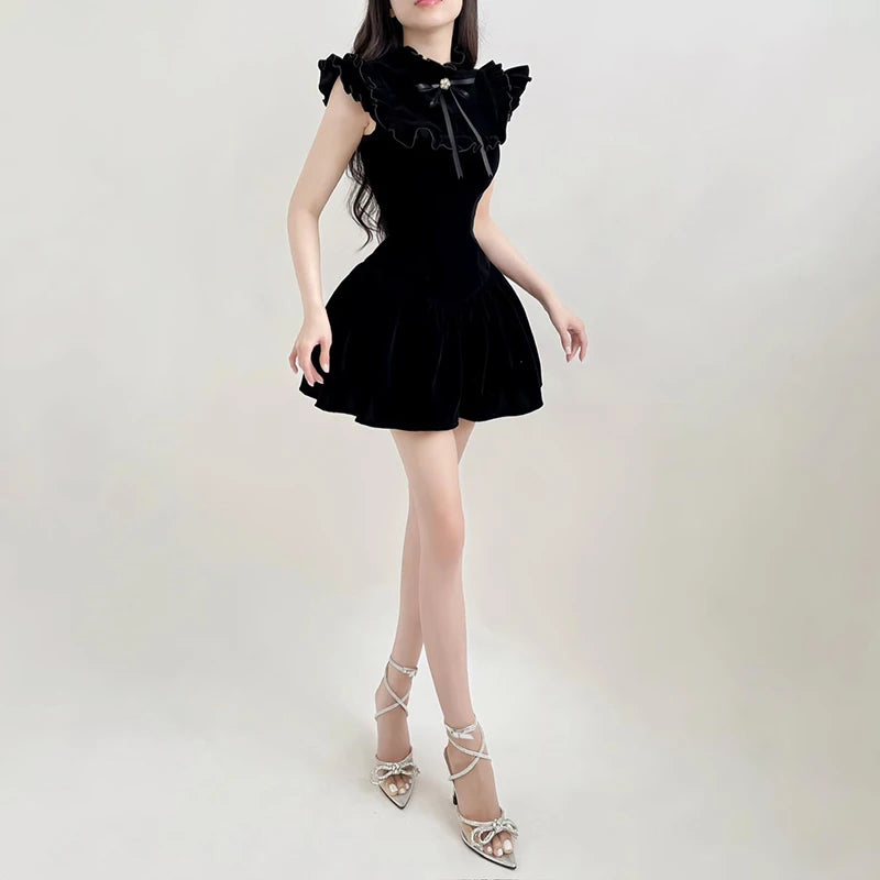 Hnewly DRESS TO IMPRESS  Elegant Velvet Black Mini Dresses Sleeveless A-line Korean Fashion Birthday Party Coquette Sexy Ballroom Dress Women