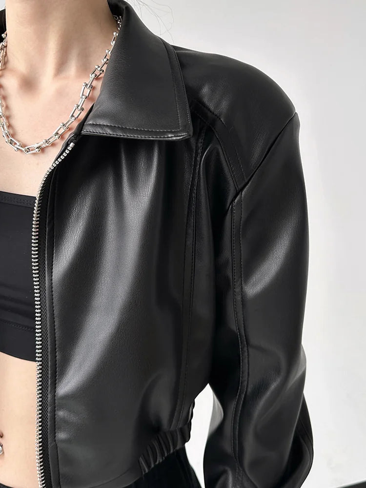 Hnewly Jackets PU Leather Women Black Lapel Long Sleeve Crop Coats American Retro Streetwear Zipper Fashion Casual Female Outerwear