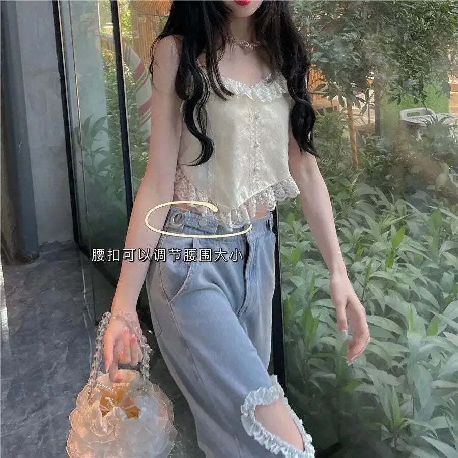 Hnewly Harajuku Cyber Y2k Trousers Sweet Korean Style Kawaii Lace Stitching Jeans Women Love Hole Streetwear High-waist Wide-leg Pants