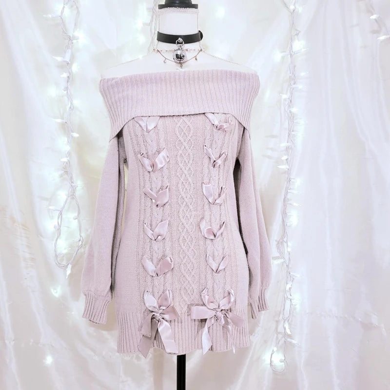 Hnewly Cottage Fairy 00s Vintage Knitted Dress Japanese Off Shoulder Pullovers Mini Dress Fairy Y2K Kawaii Tie Up Retro Sweater Dress