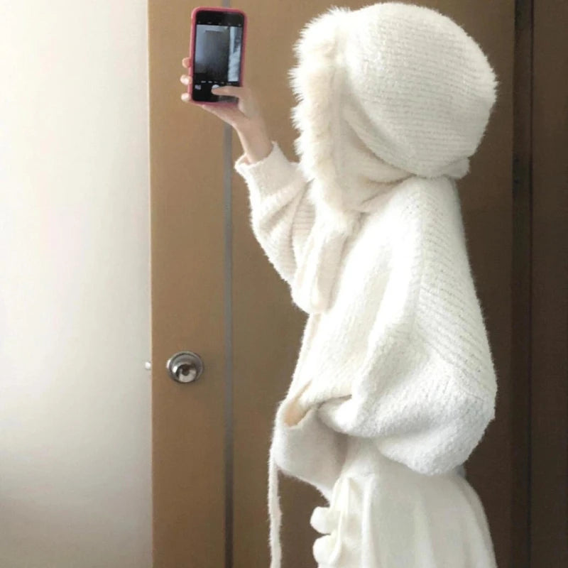 Hnewly Kawaii Sweet Knitted Cardigan Women Elegant Zip Up Hooded Cardigan Cute Japanese Style Solid Autumn Winter Sweater Coat