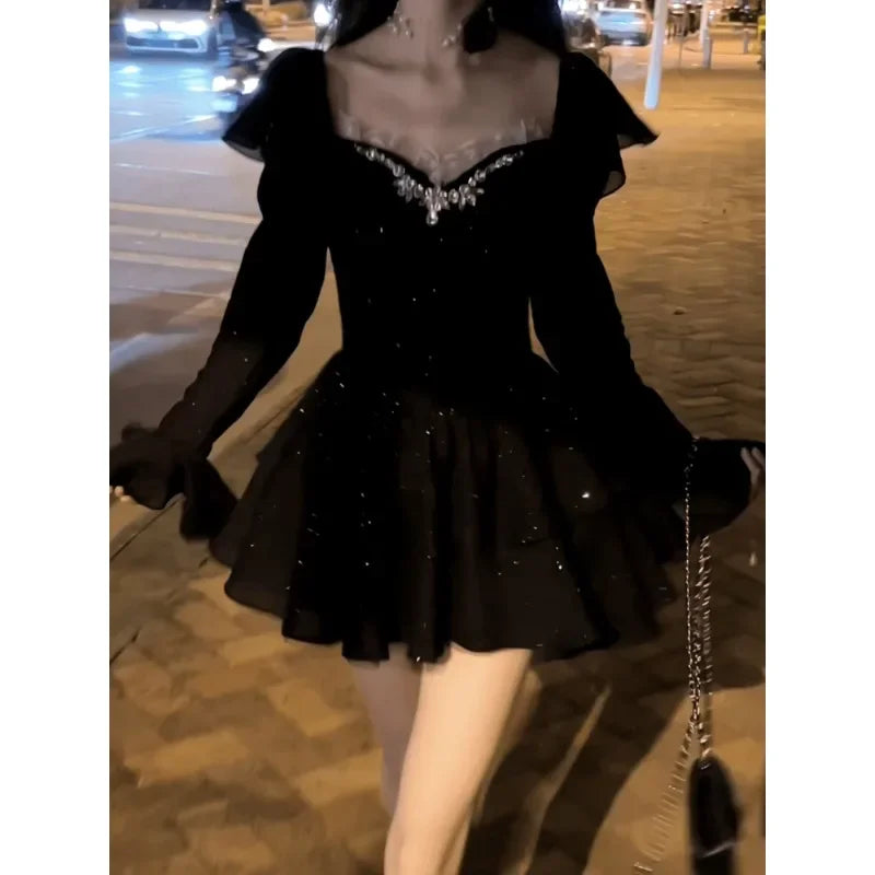 Hnewly DRESS TO IMPRESS Elegant Gothic Black Mini Dress Women Casual Evening Party Dress American Vintage Clothing French One Piece Dress Korean Fashion