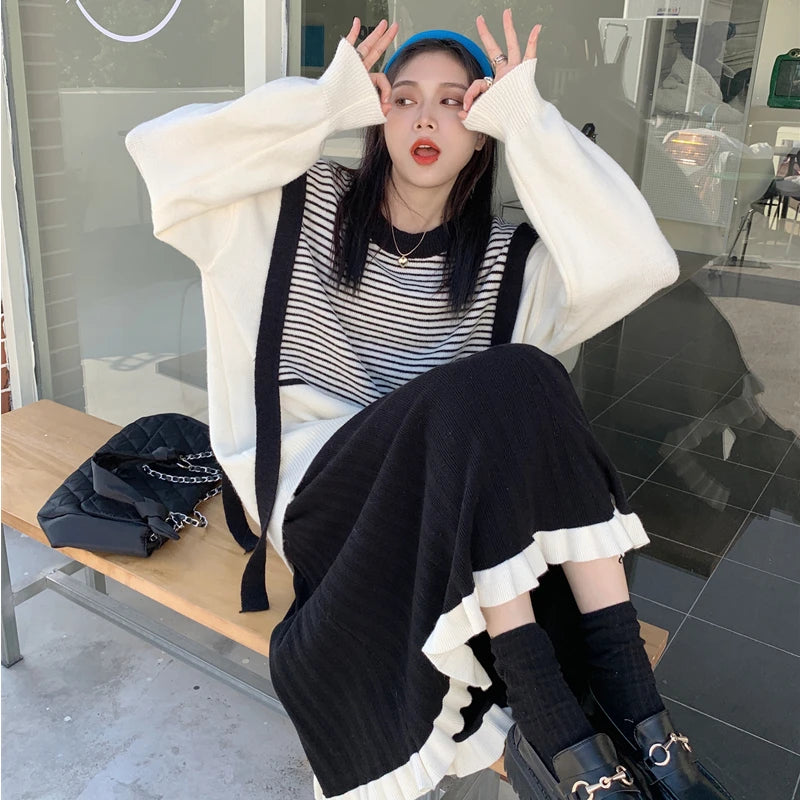 Hnewly DRESS TO IMPRESS Japanese Vintage Knitted Skirt Women Black Patchwork Party Korean Y2k Skirt Female 2021 Winter Casual High Street Gothic Clothes