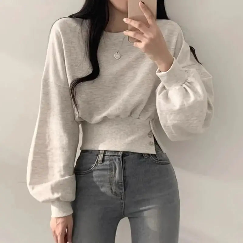 Hnewly Korean Chic Autumn Round Neck Buckle Waist Slimming Long Sleeve Short Pullover Women Hoodie Top Gray Sweatshirt Women Clothing