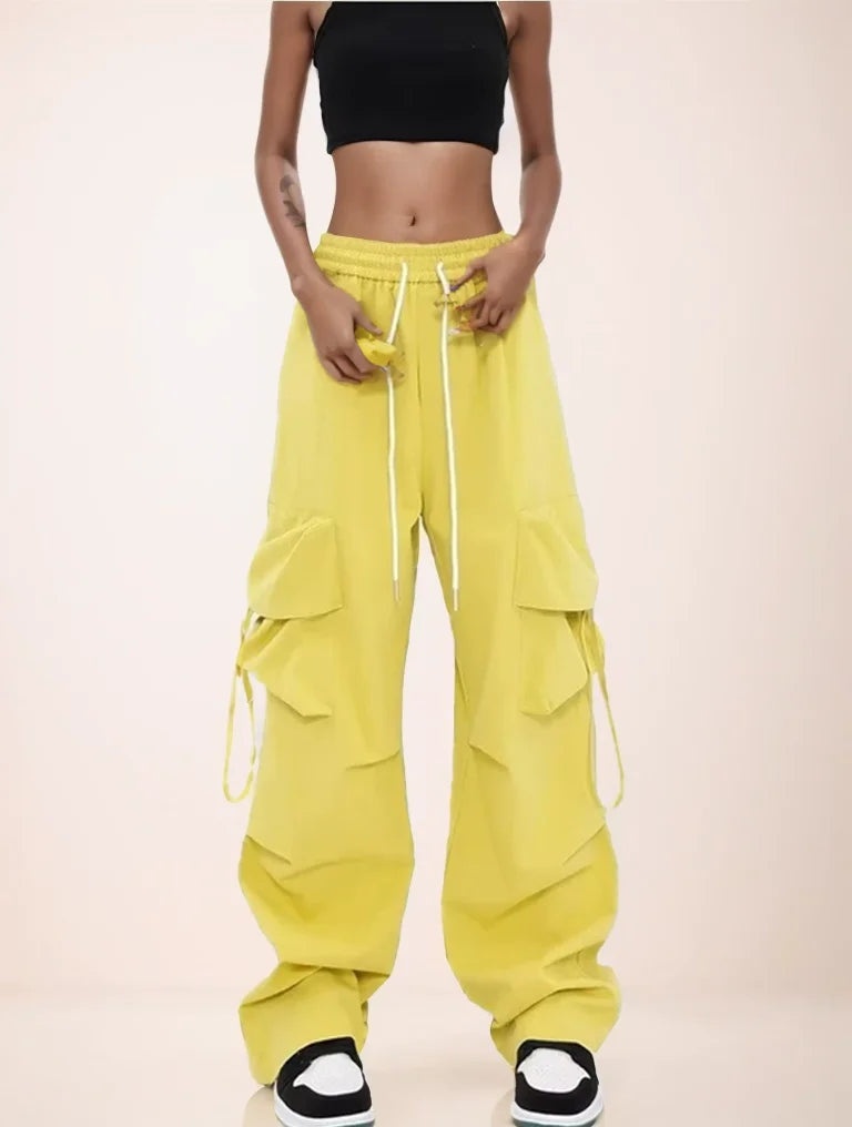 Hnewly Women Y2K Cargo Pants High Waist Streetwear Hip Hop Trousers Female Big Pockets Casual Student Drawstring Baggy Sweatpants