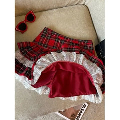 Hnewly Kawaii Ruffle Lace Plaid Skirts Women Sweet Elegant Mini Skirt Cutecore Autumn Winter Patchwork A-line Short Skirts