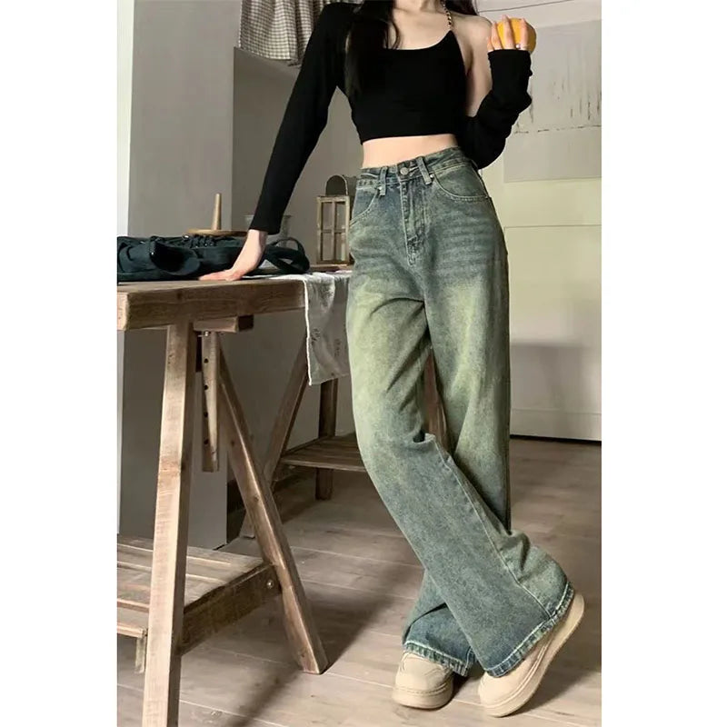 Hnewly Vintage Wide Leg Jeans for Women Streetwear High Waist Loose Straight Denim Pants Female 2024 Spring Wild Casual Trousers