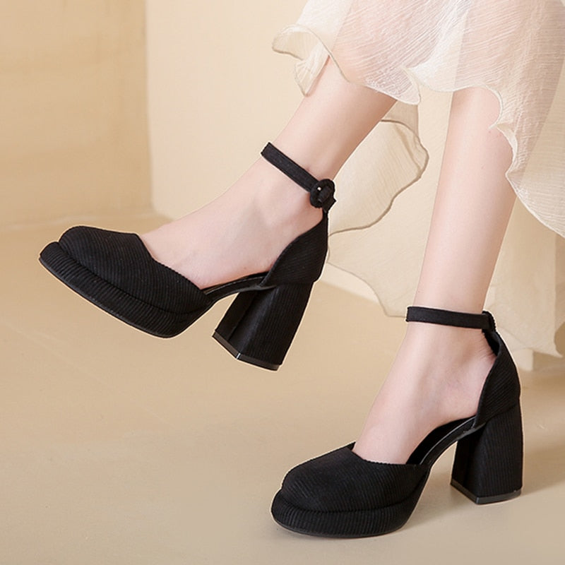 Hnewly Green Ankle Strap Platform Pumps Women Corduroy High Heels Mary Jane Shoes Woman Elegant Chunky Heeled Party Dress Shoes