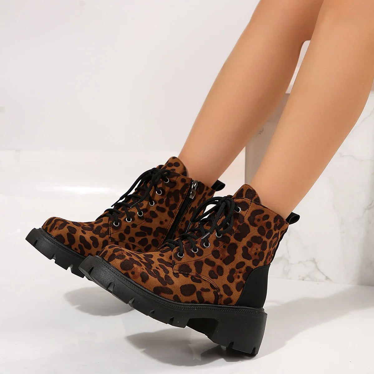 Hnewly Sexy Leopard Ankle Boots for Women Autumn Winter Low Square Heels Plus Size 43 Short Booties Shoes Woman Motorcycle Boots