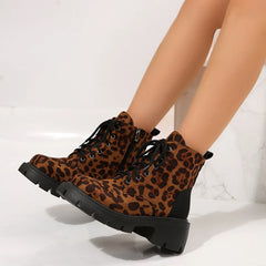 Hnewly Sexy Leopard Ankle Boots for Women Autumn Winter Low Square Heels Plus Size 43 Short Booties Shoes Woman Motorcycle Boots