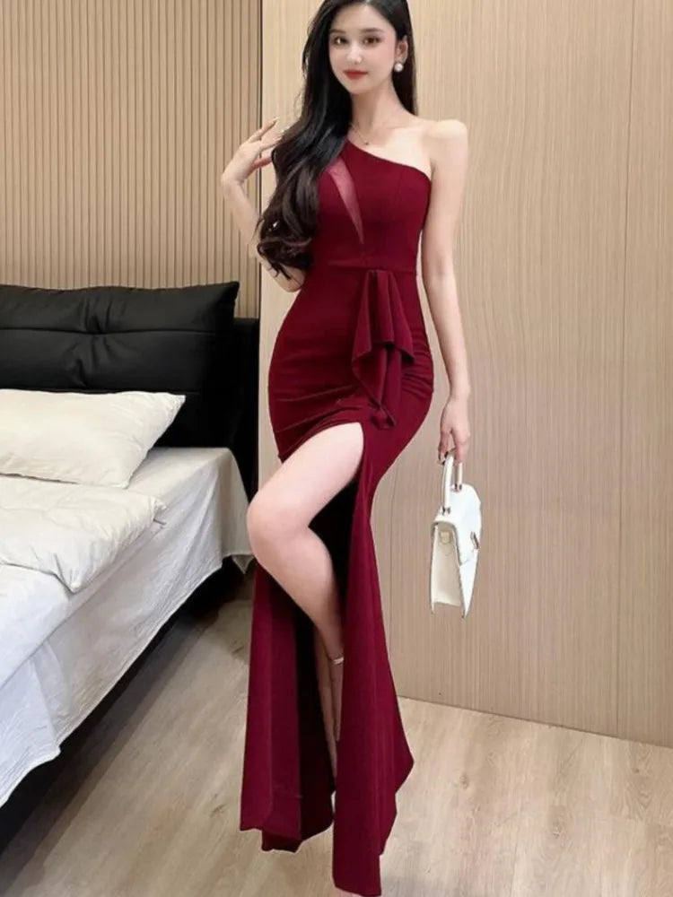 Hnewly Women Sexy Backless Slim Split Long Dress Summer Fashion Elegant Sleeveless Off Shoulder Elegant Club Party Mesh Dresses