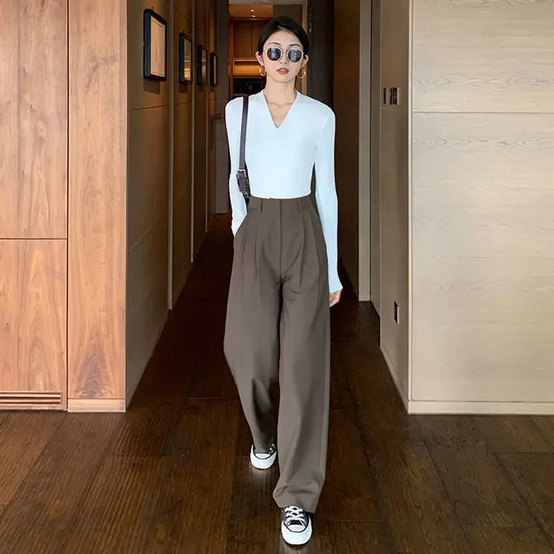 Hnewly Brown Loose Summer Women's Suit Pants Wide Leg Brown Fluid High Waist Casual Dress Pants Ice Silk Straight Female Trousers