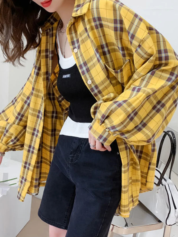 Hnewly Fashion Plaid Women Shirt Fashion Korean Oversize Tops Harajuku Daily All-match Long Sleeve Chic Female Yellow Shirts New