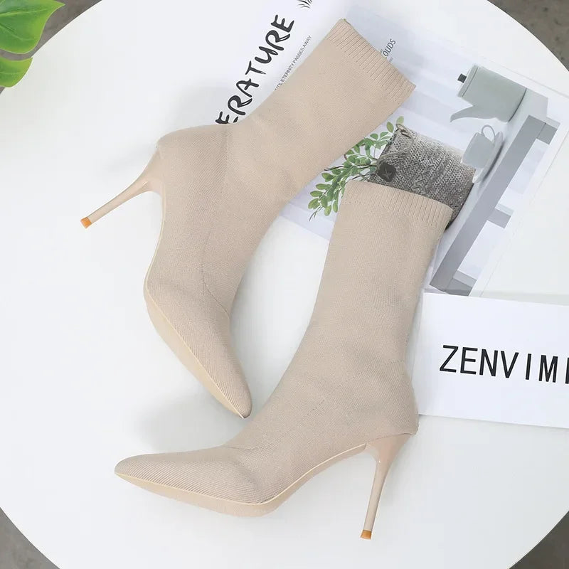 Hnewly Sexy Sock Boots Knitting Stretch Boots High Heels for Women Fashion Shoes Spring Autumn Ankle Boots Female