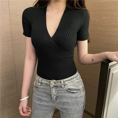 Sexy Knitted T-shirts Women's Tight Low Cut Short Sleeve Sexy Deep V-neck Cropped Top 2024 Summer Stretch Sweaters Woman T Shirt