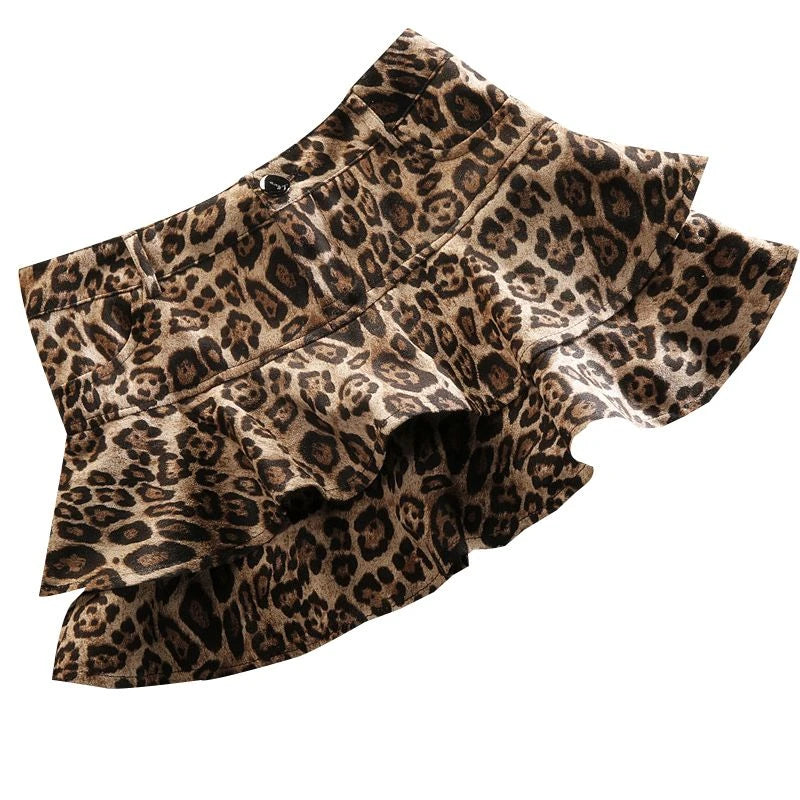 Hnewly Sexy Leopard Print Pleated Skirt Y2k Vintage Style Women High Waist Skirts Ruffle Mini Skirt Brown Female Streetwear