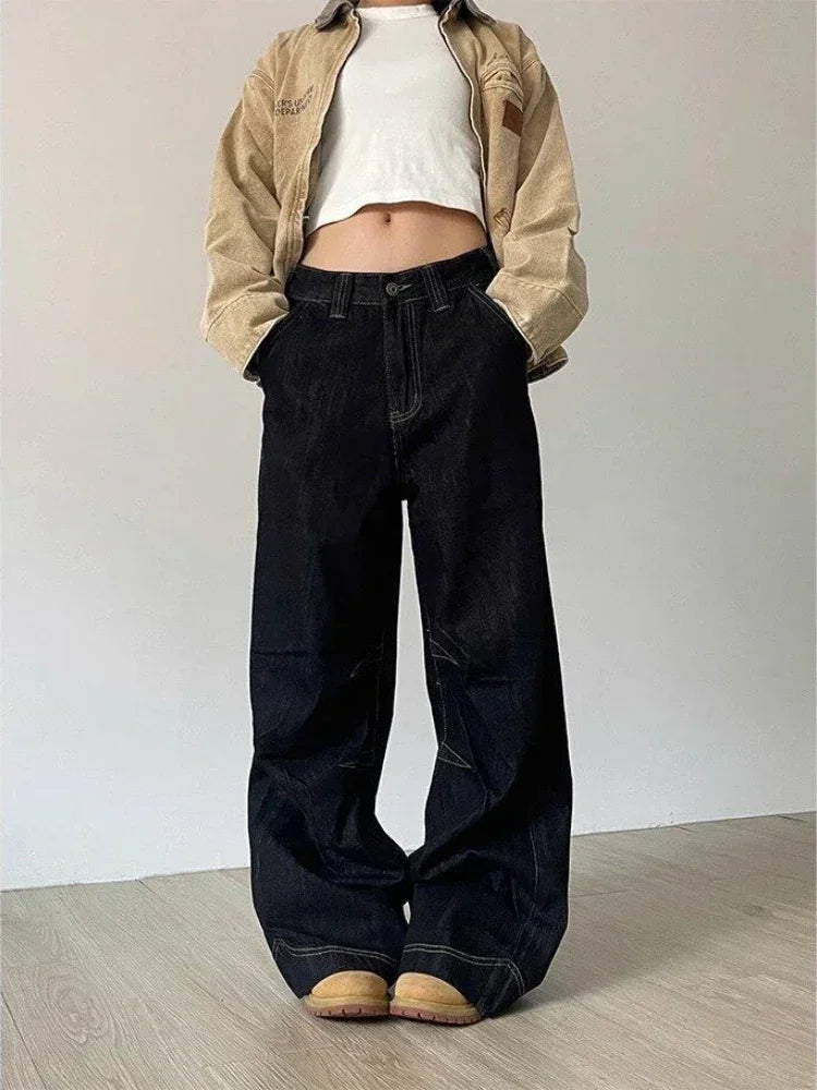 Hnewly Grunge Black Jeans Women Y2k Vintage Oversized High Street Wide Cargo Denim Trousers Casual Baggy Straight Denim Pants