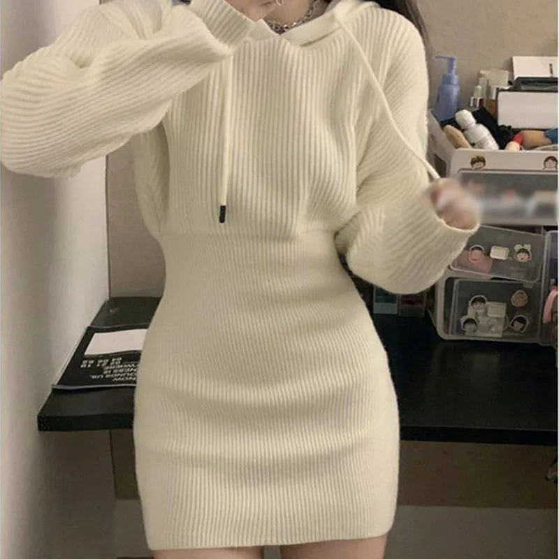 Hnewly Sexy White Thicken Knit Mini Dress Woman Korean Elastic High Waist Bandage Dresses Women Hooded Outwear Long Sleeve Slim Dress