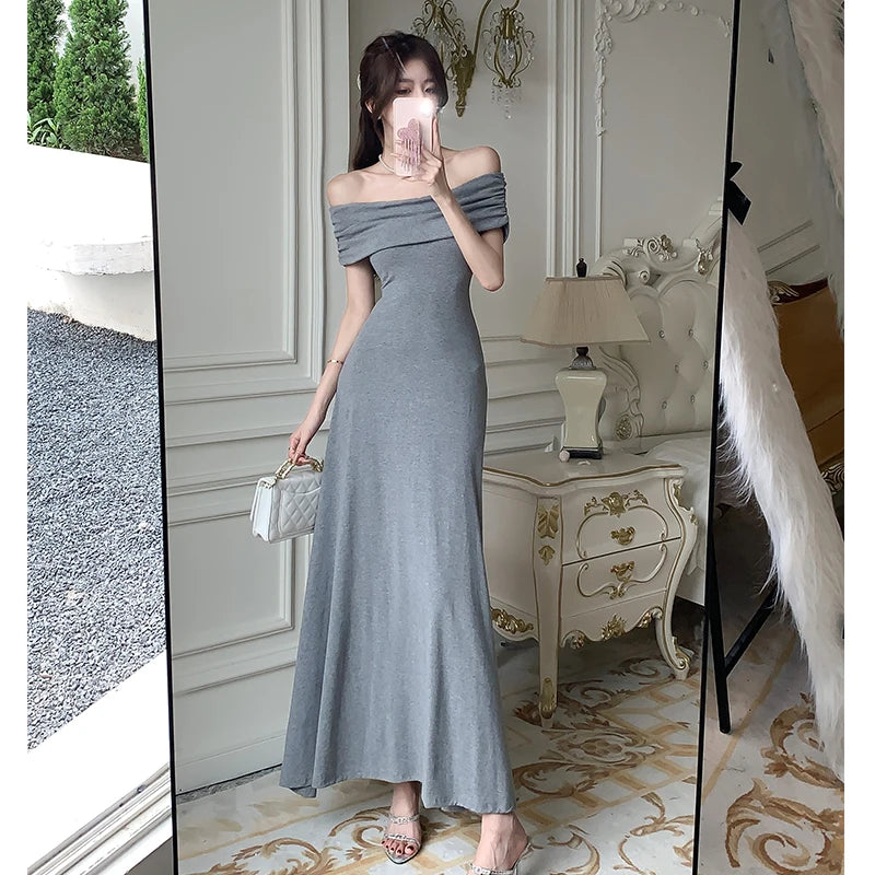 New Elegant Solid Strapless Long Dress for Women Summer 2024 Sexy Slim High Waisted Off Shoulder Party Evening Dresses Korean