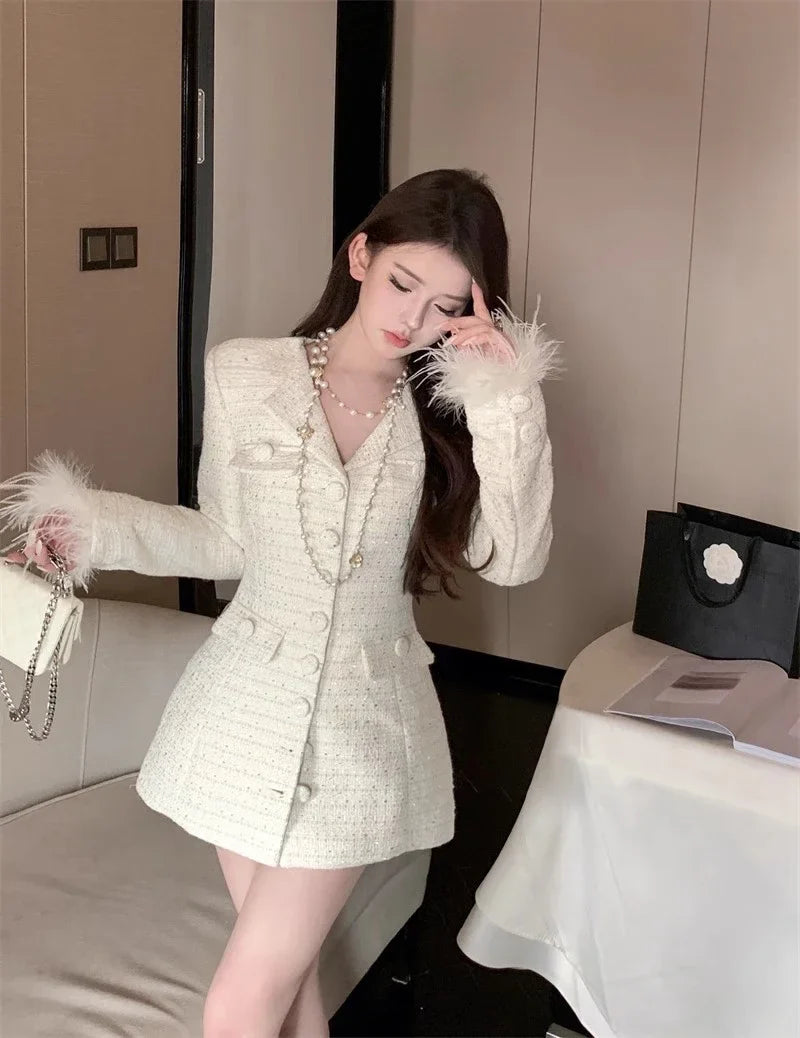 Hnewly Elegant Fur Patchwork Women Jacket Autumn Single Breasted Turn-down Collar Korean Slim Waist Medium-long Coat