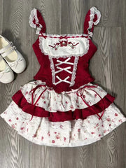 Hnewly France Vintage Slim Square Neck Print 2 Piece Set Women Sweet Cute Lace Bow Patchwork Tops Female + High Waist Short Skirt