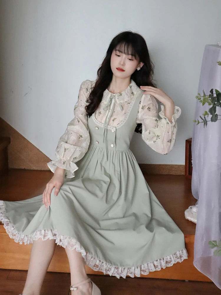 Hnewly DRESS TO IMPRESS Green Elegant Vintage Strap Dress Women Spring Lace Evening Party Midi Dresses Ladies Retro Korean Sweet Kawaii Fairy Dress