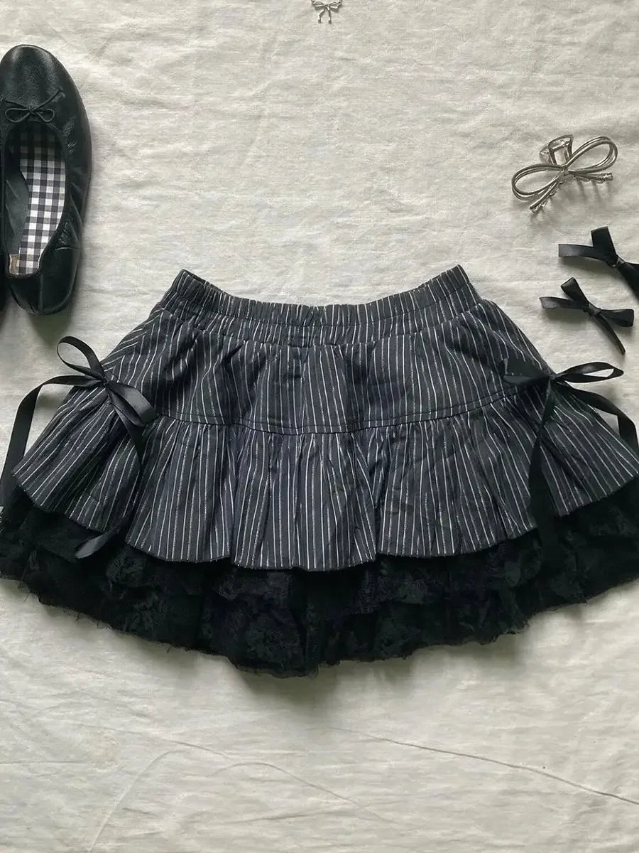 Hnewly DRESS TO IMPRESS Punk Y2k Skirts Women Clothes Goth Sexy Ropa Aesthetic Stripe High Waist Lace Bow MIni Skirts Grunge Emo Girl 2000s Short Skirt