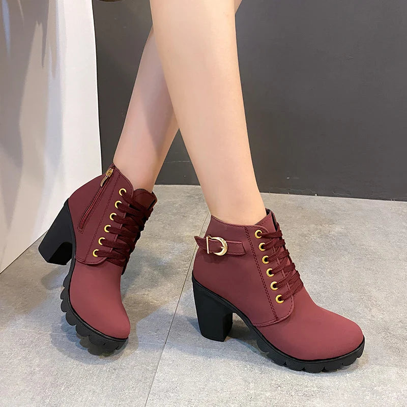 Hnewly Boots Women Shoes Women Fashion High Heel Lace Up Ankle Boots Ladies Buckle Platform Artificial Leather Shoes bota feminina