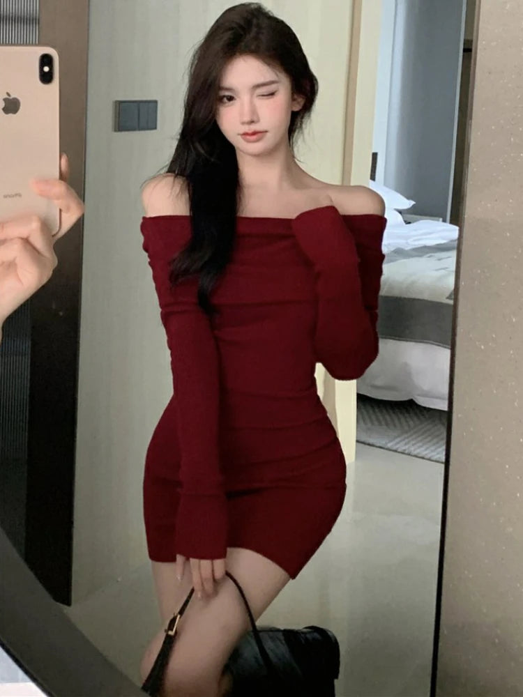 Hnewly Christmas Oufits Sexy Dresses Women Backless Knitting Slim Y2k Girls Tender Korean Style Soft Casual Autumn Slash Neck Hotsweet Cozy New Clubwear