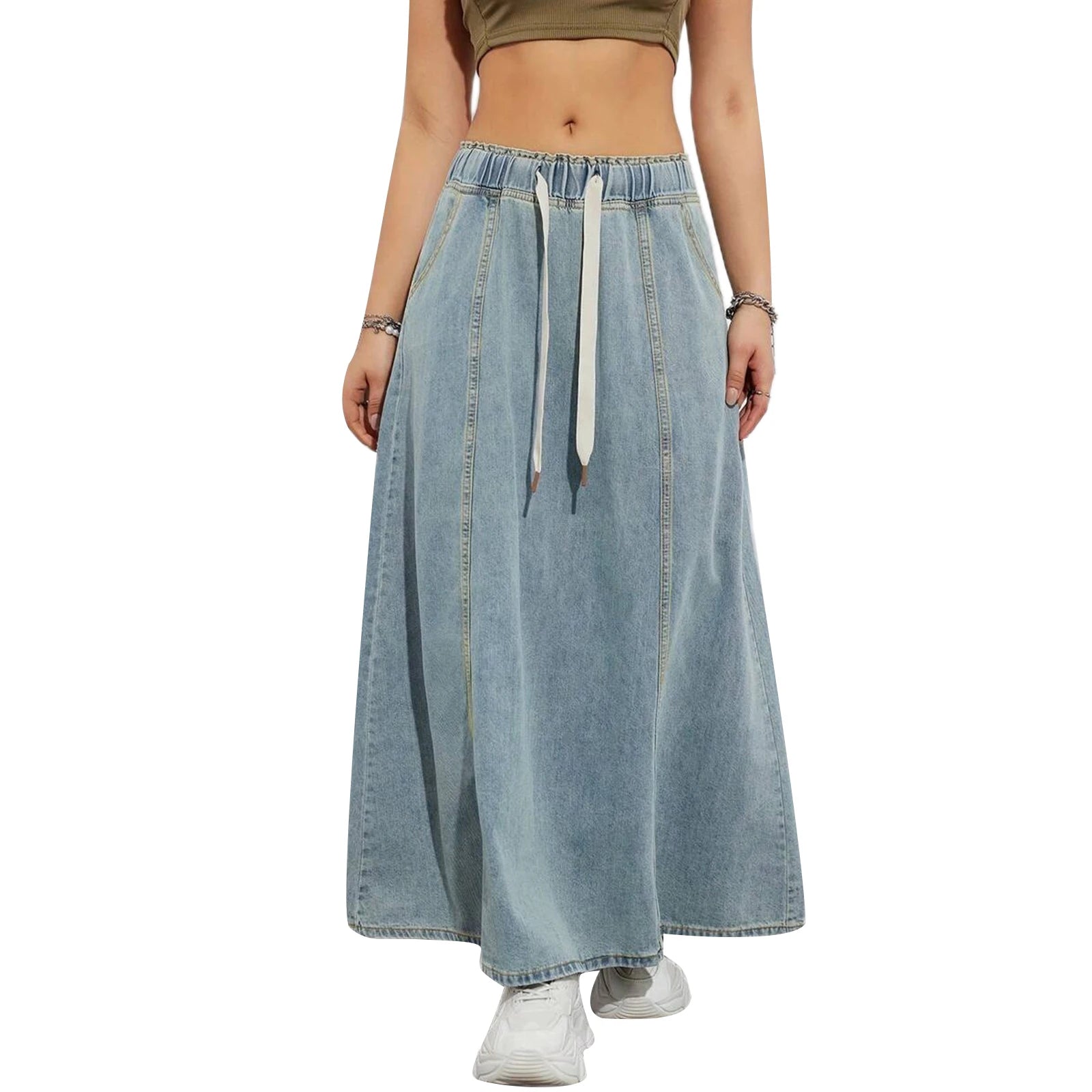 Hnewly Spring Autumn Women's Denim Midi Skirt Korean Low Waist Long Skirts Women Y2K Clothes Streetwear Casual Loose Straight Skirts