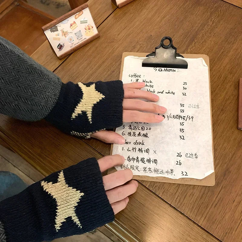 Hnewly Autumn Winter Knitted Woolen Gloves Ins Fashion Y2K Men Women Half Finger Warm Five Pointed Star Fingerless Gloves Unisex