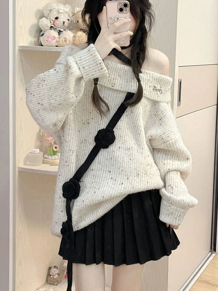 Hnewly Korean Style Sweet Sweaters Women Sexy Off Shoulder Knitted Pullover Elegant Kawaii Autumn Winter Long Sleeve Sweaters