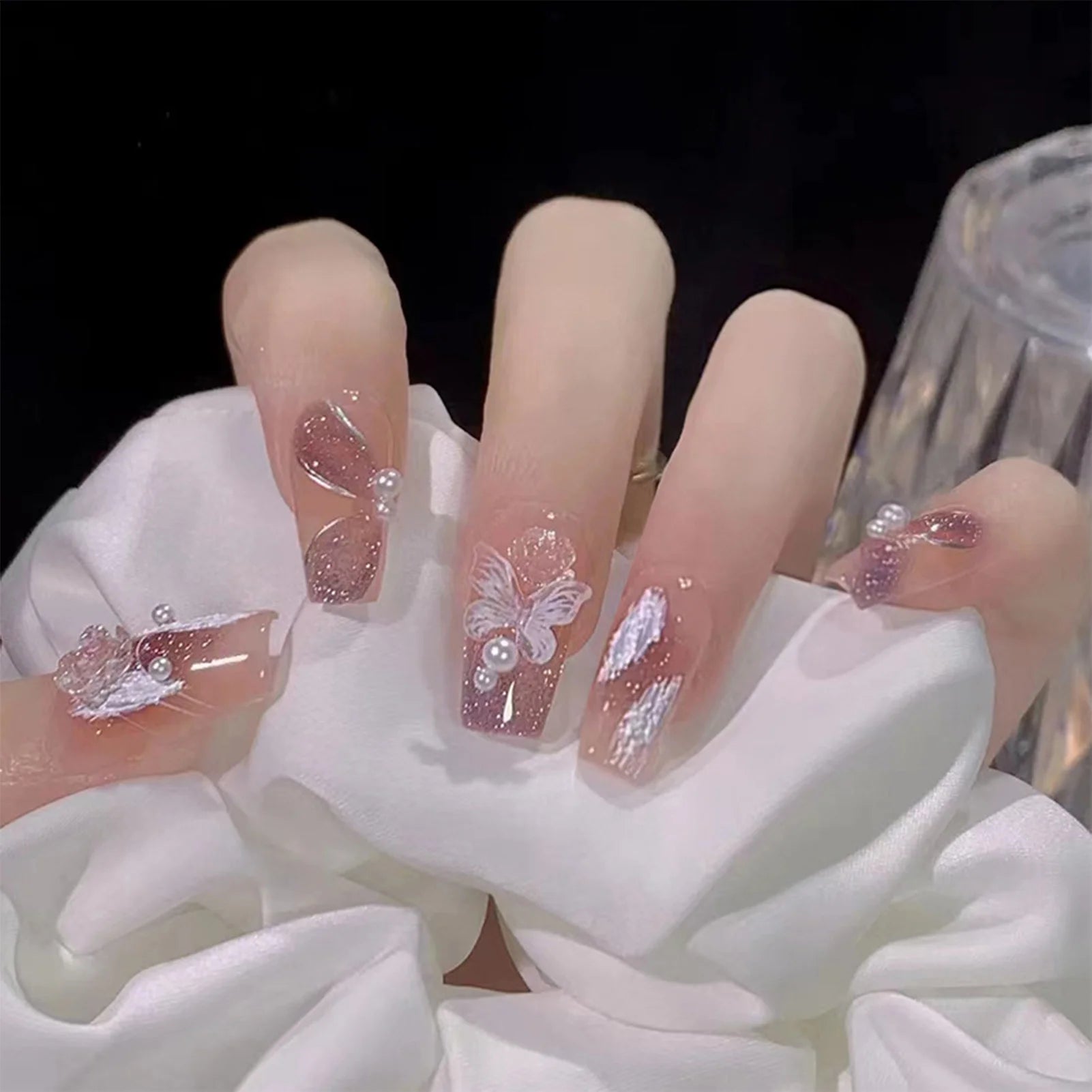 Hnewly Medium Length Fake Nails 3D Flower Pearl Designs Nude Pink Color Press on Nails Ballerina False Nails for Women DIY Manicure