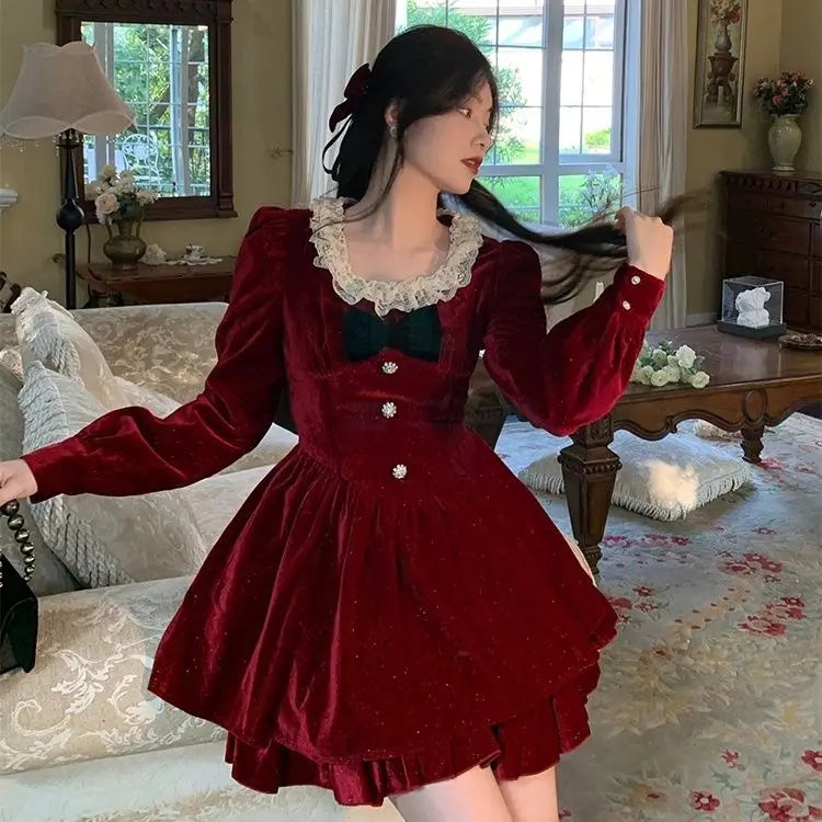 Hnewly New Year Dress Gagarich Fashion Red Velvet Dress Princess Style Palace Retro French Temperament Slimming Birthday Autumn Winter Women Vestidos