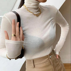 Hnewly New Basic Turtleneck Long Sleeve Women T-shirt Autumn Winter Long Sleeve Slim Stretch Tops Ladies Sexy All-match Tees