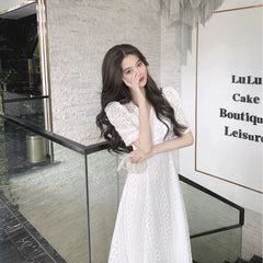 Hnewly DRESS TO IMPRESS Elegant V-neck Midi Dress Women Summer Puff Sleeve White Casual Party Dress Female Office Kawaii Lace One-piece Dress Korean Y2k