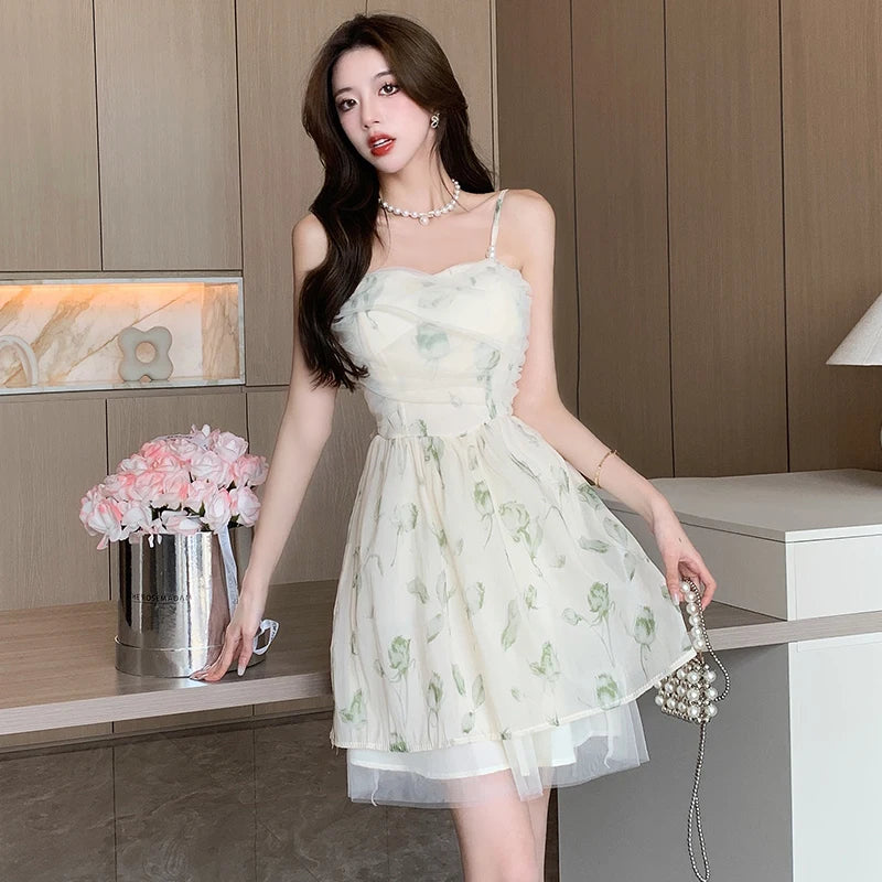 Hnewly Linen Cotton Dress Women Summer Mini Dress Ladies Vintage A-line Sling Dress Sexy Hot Girl Slash Neck Camisole Ruffle Sundress