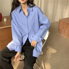 Hnewly Shirts Women Blue Striped Loose Harajuku Long Sleeve Casual Spring Tops Students All-match Fashion Simple Korean Ulzzang Chic BF