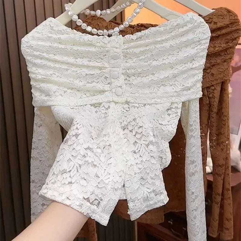 Hnewly Off Shoulder Two Wear Sexy Lace Shirt for Women Autumn New Retro Style Stylish Versatile Long Sleeve Slim Fit Blouses Women Top